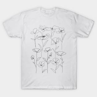 Poppies One Line Art Flowers Black And White T-Shirt